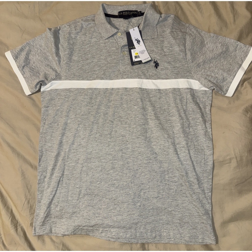NWT US POLO ASSN. Men's Med Cotton Gray & White Cuffed Short Sleeve Polo Shirt